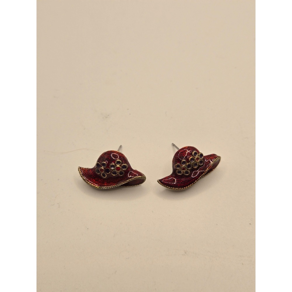Vintage Red Enamel Sun Hat Stud Earrings Gold Tone Floral Detail Whimsical